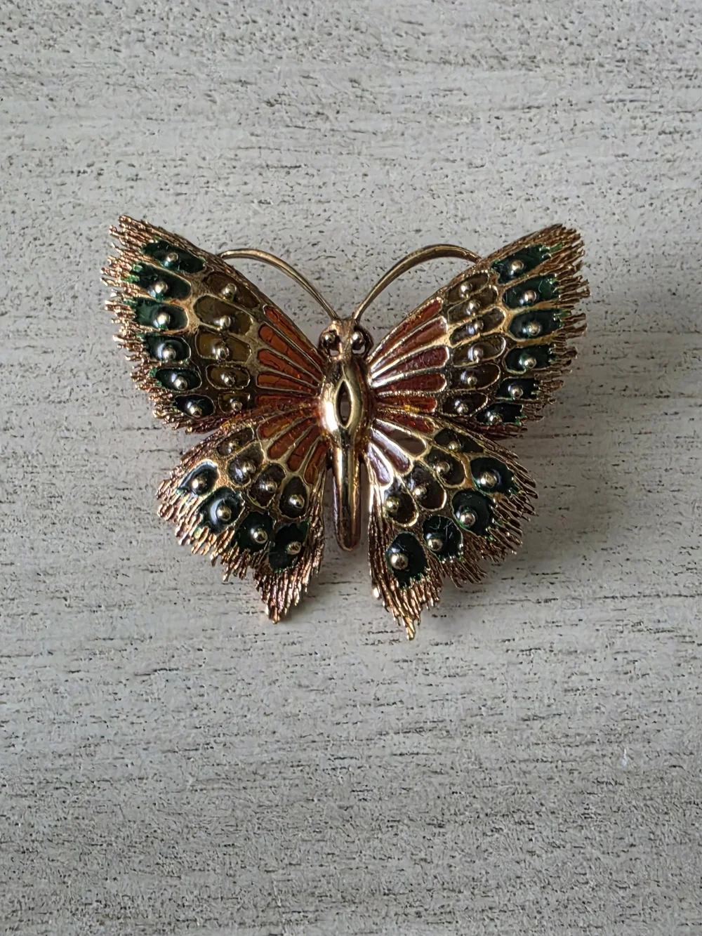 14K Gold Butterfly Brooch with Green and Orange Enamel